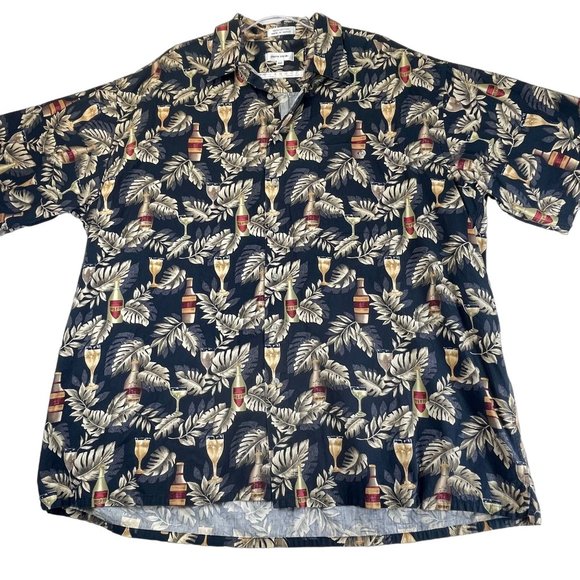 Vintage PIERRE CARDIN Men 2XL Tall Black Hawaiian Beer Wine Short Sleeve Shirt - Picture 2 of 12